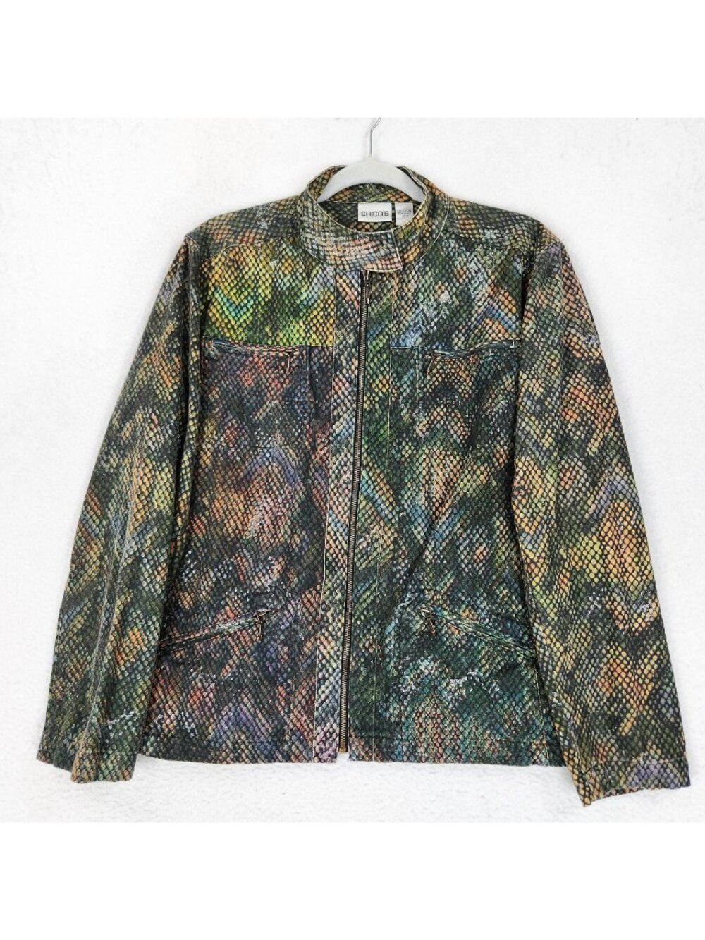 Chicos Jacket Womens 3 Green XL Multicolor Snake Print Shimmer Full Zip Casual